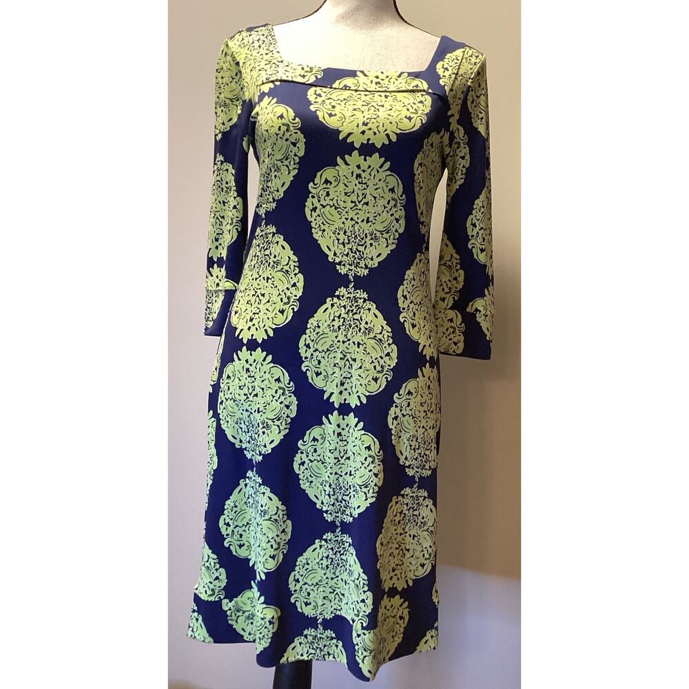 Lilly Pulitzer 100% Silk Midi Shift Dress Women's 4 Navy/Lime 3/4 Sleeve